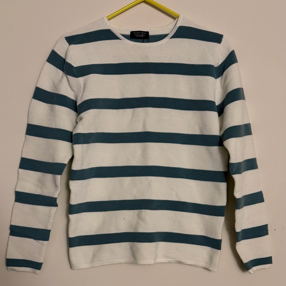 Zara Man Striped White and Teal Sweater size M